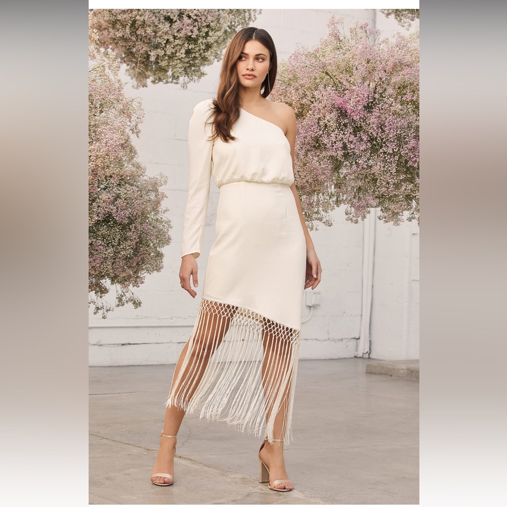 Love at dusk cream one-shoulder asymmetrical fringe midi dress